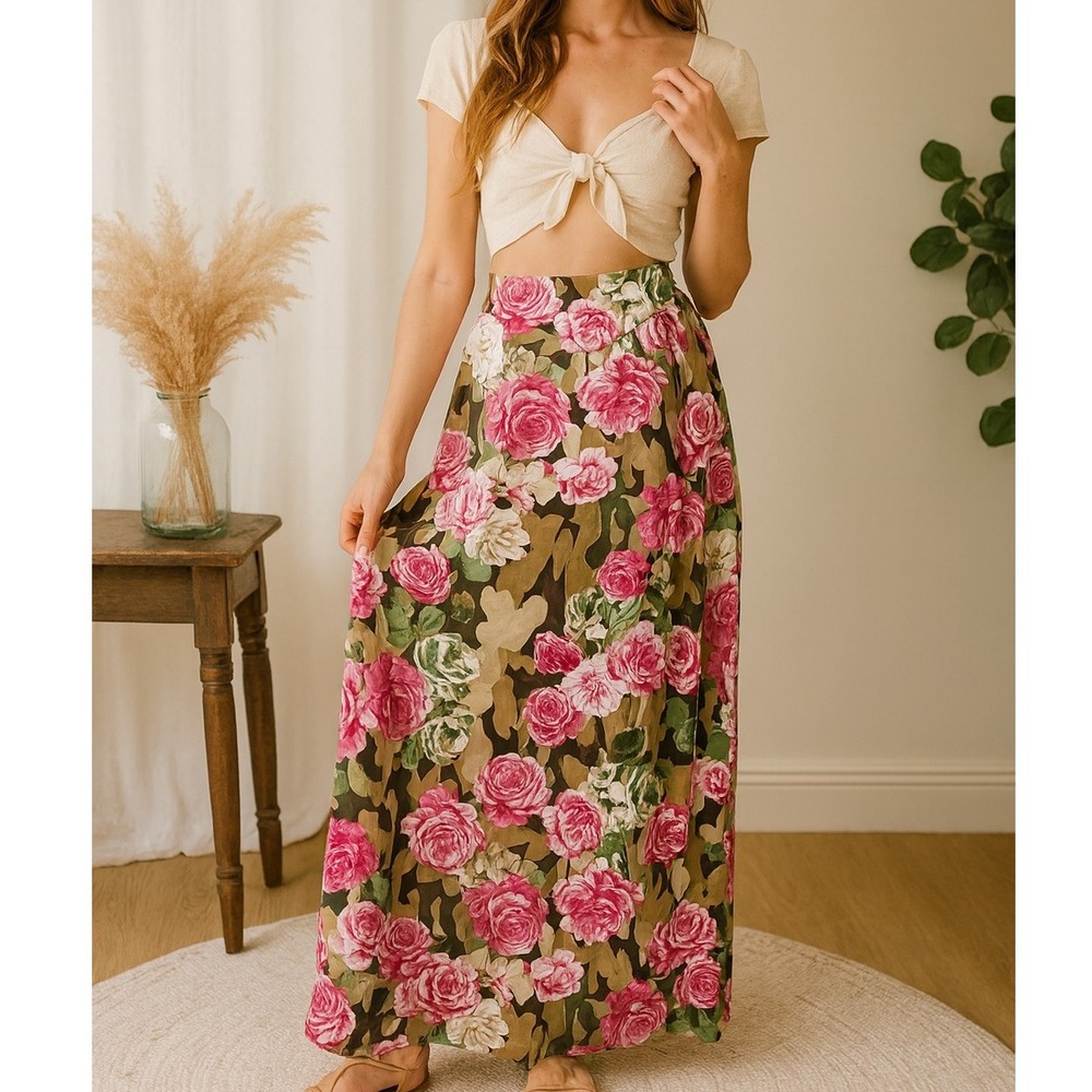 Boston Proper Floral Camo Maxi Skirt Size 2 Pink Rose Print Lined High‎ Waist
